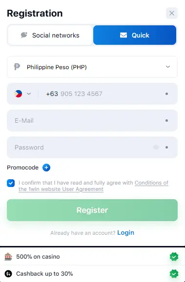 1win Philippines register